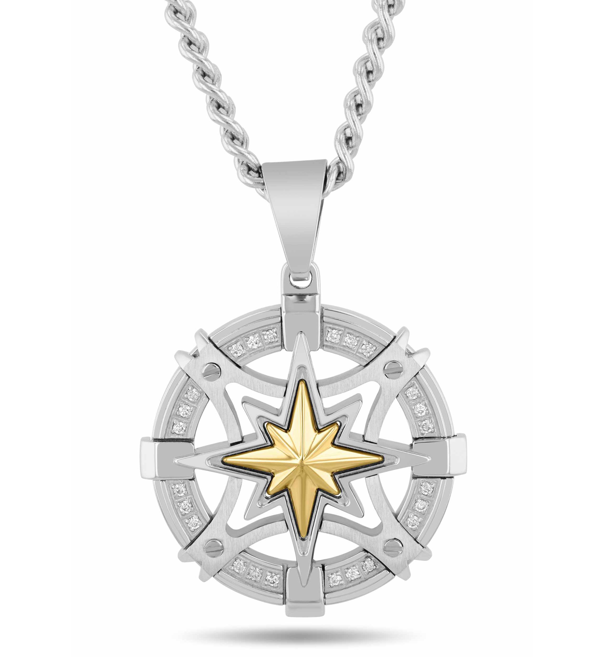 .12CTW Dia Stainless Steel with Yellow Compass Medallion Pendant