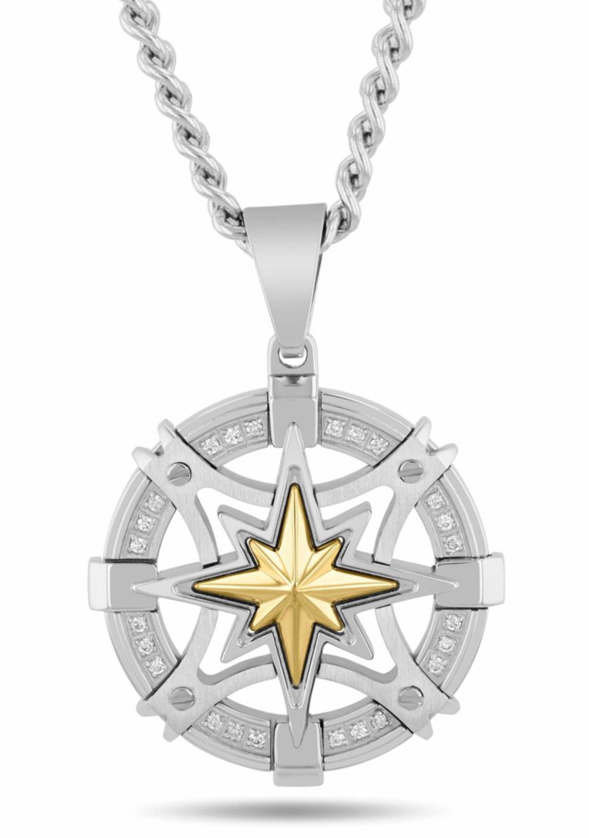 .12CTW Dia Stainless Steel with Yellow Compass Medallion Pendant