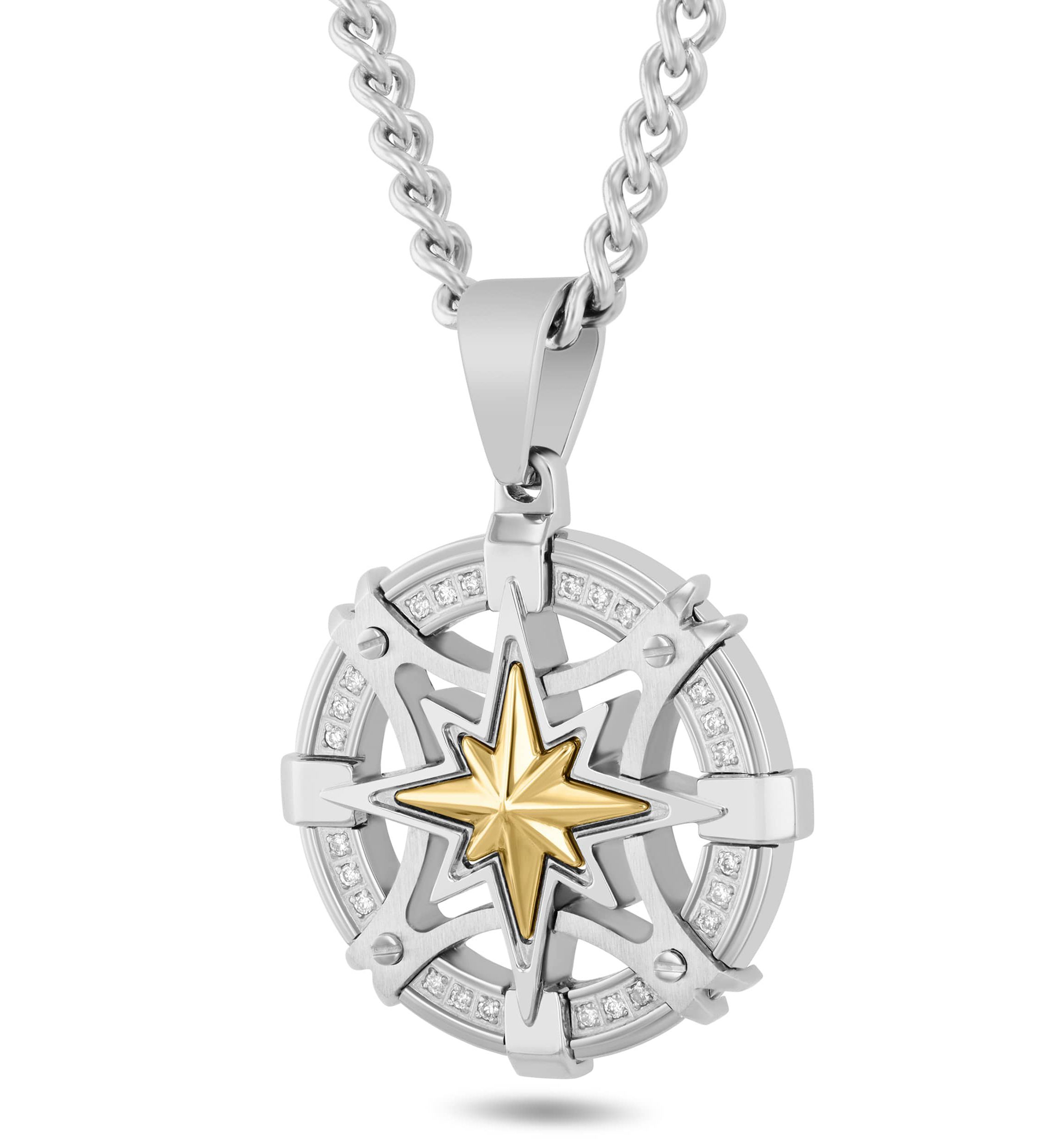 .12CTW Dia Stainless Steel with Yellow Compass Medallion Pendant