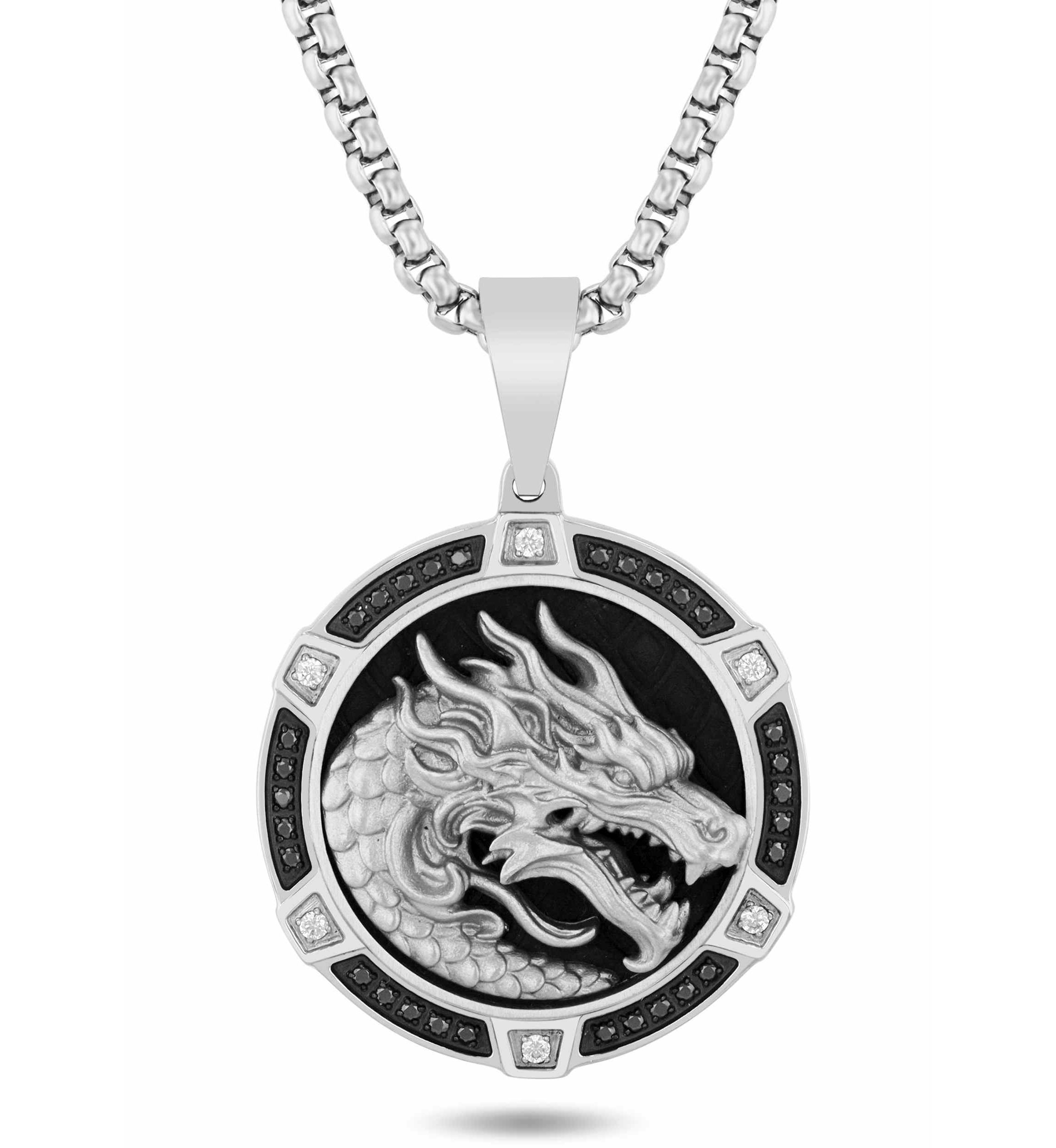 1/3CTW White and Black Diamond Stainless Steel with Black Finish Dragon Pendant