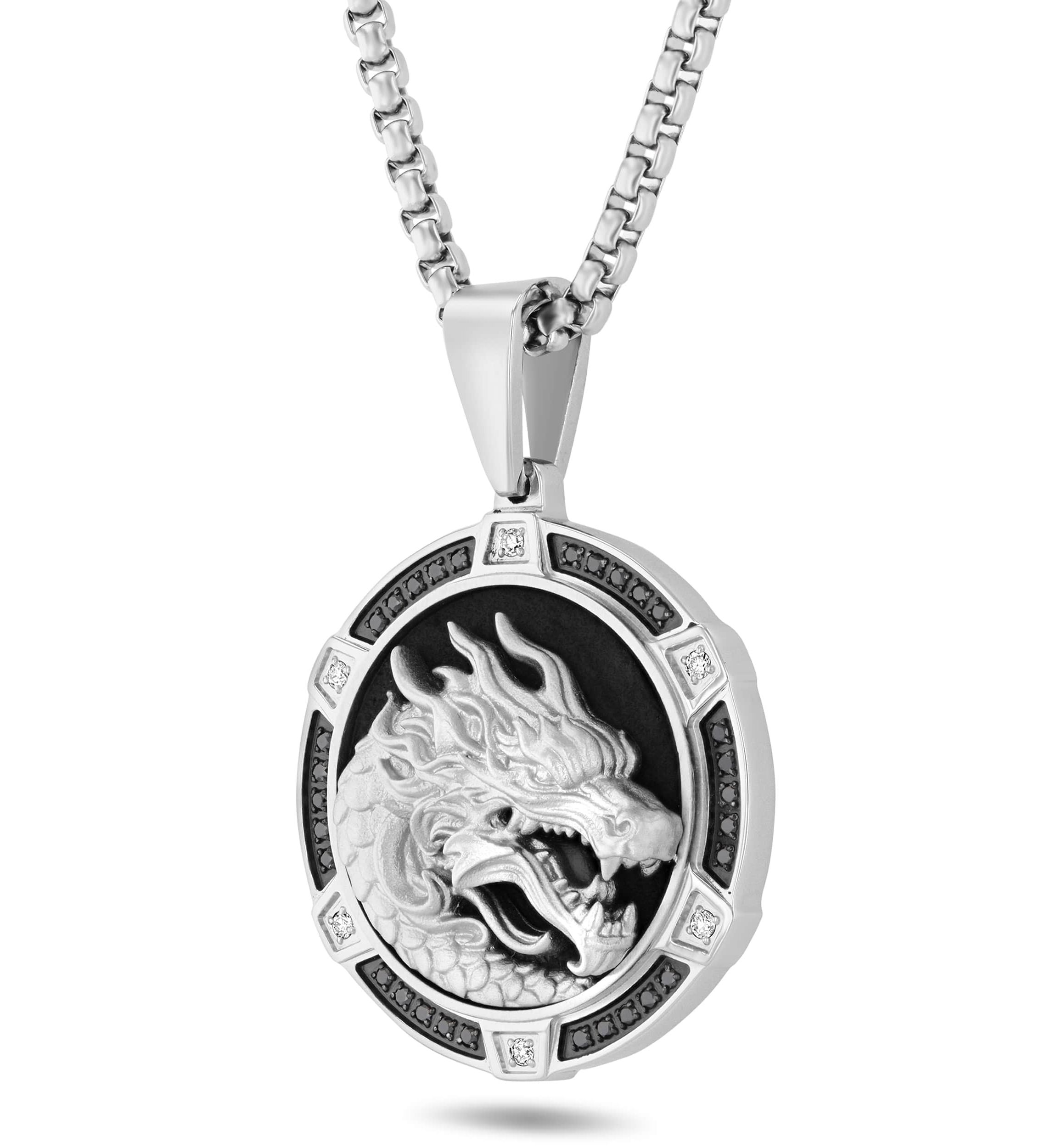 1/3CTW White and Black Diamond Stainless Steel with Black Finish Dragon Pendant