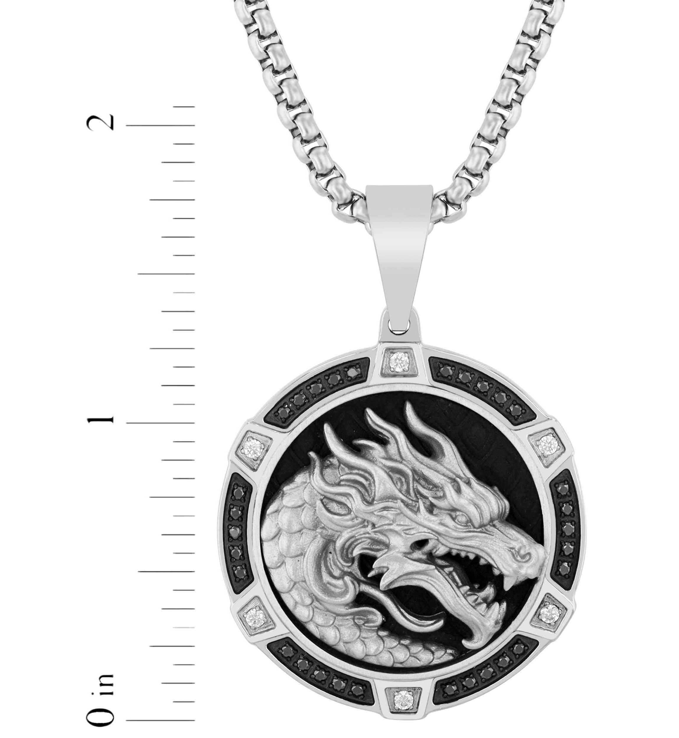 1/3CTW White and Black Diamond Stainless Steel with Black Finish Dragon Pendant
