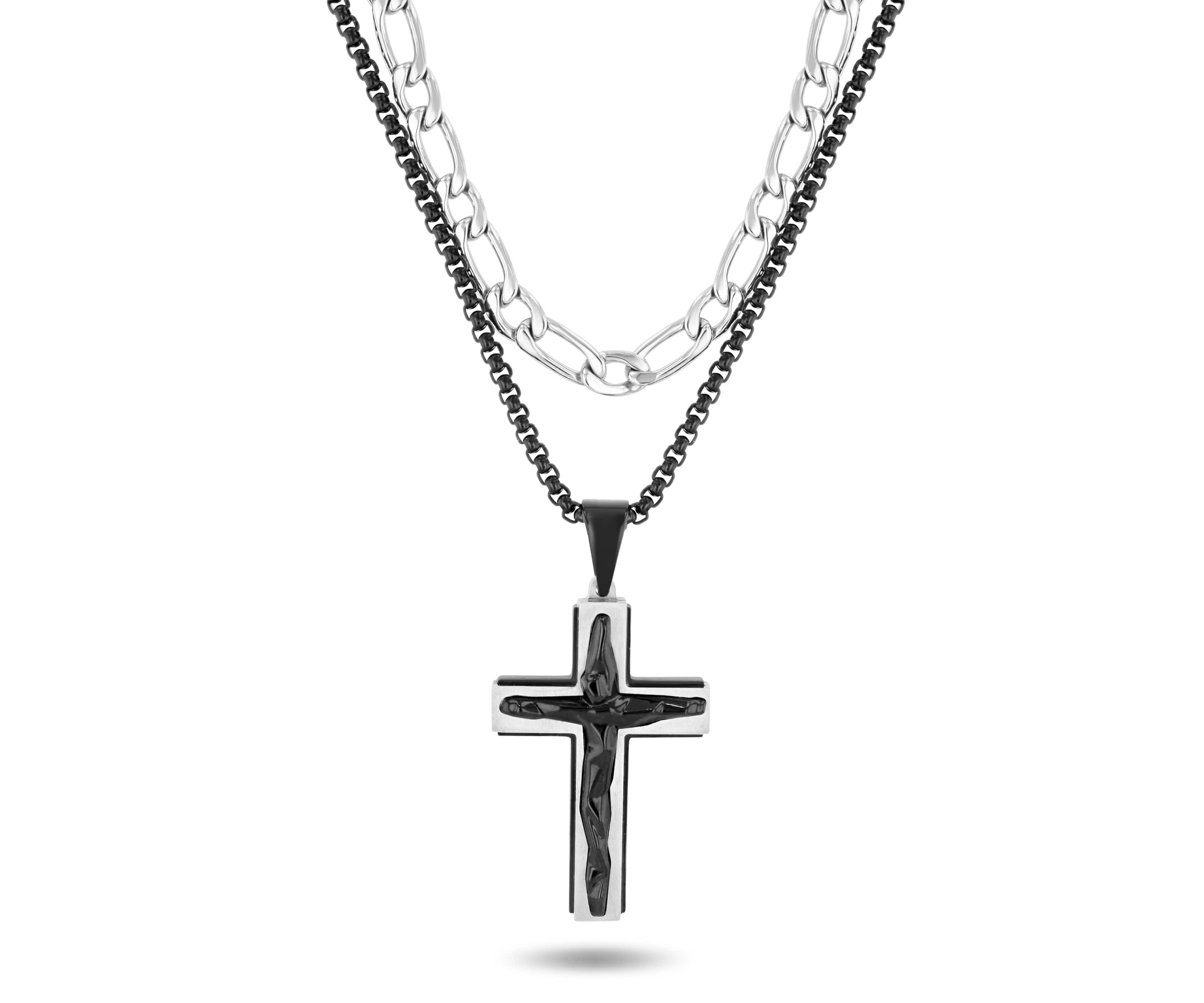 Mens Stainless Steel With Black IP Double Chain Cross Necklace