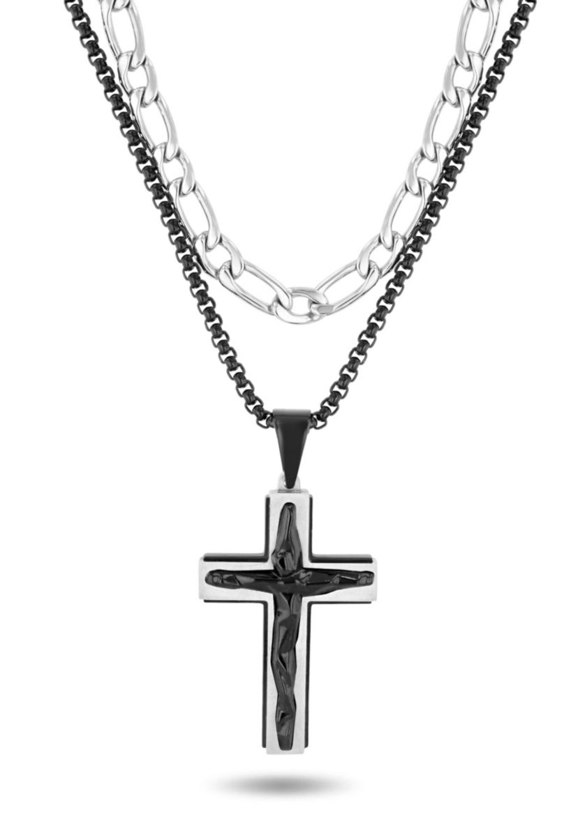 Mens Stainless Steel With Black IP Double Chain Cross Necklace
