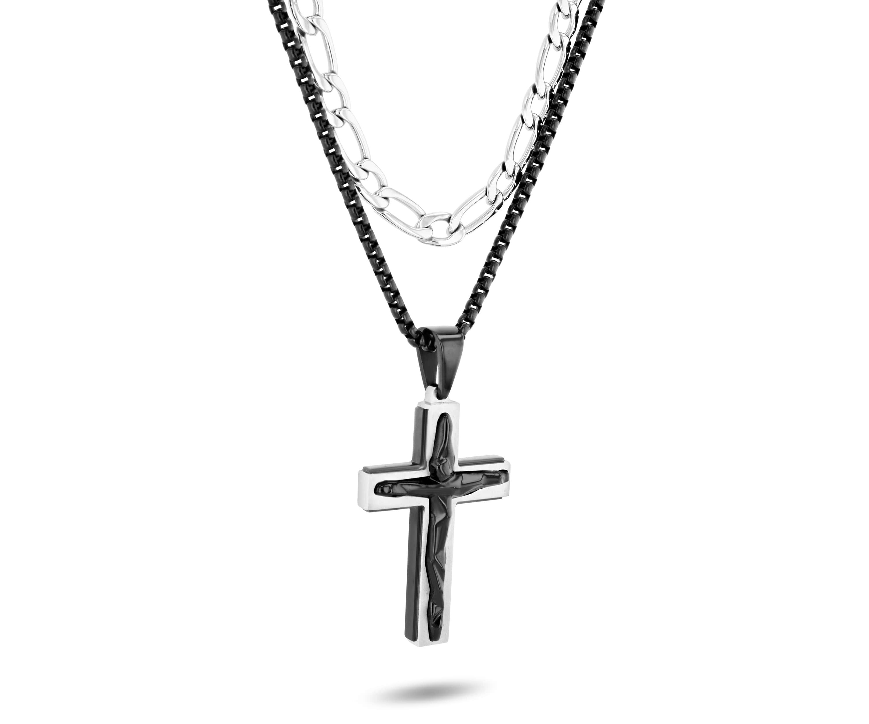Mens Stainless Steel With Black IP Double Chain Cross Necklace