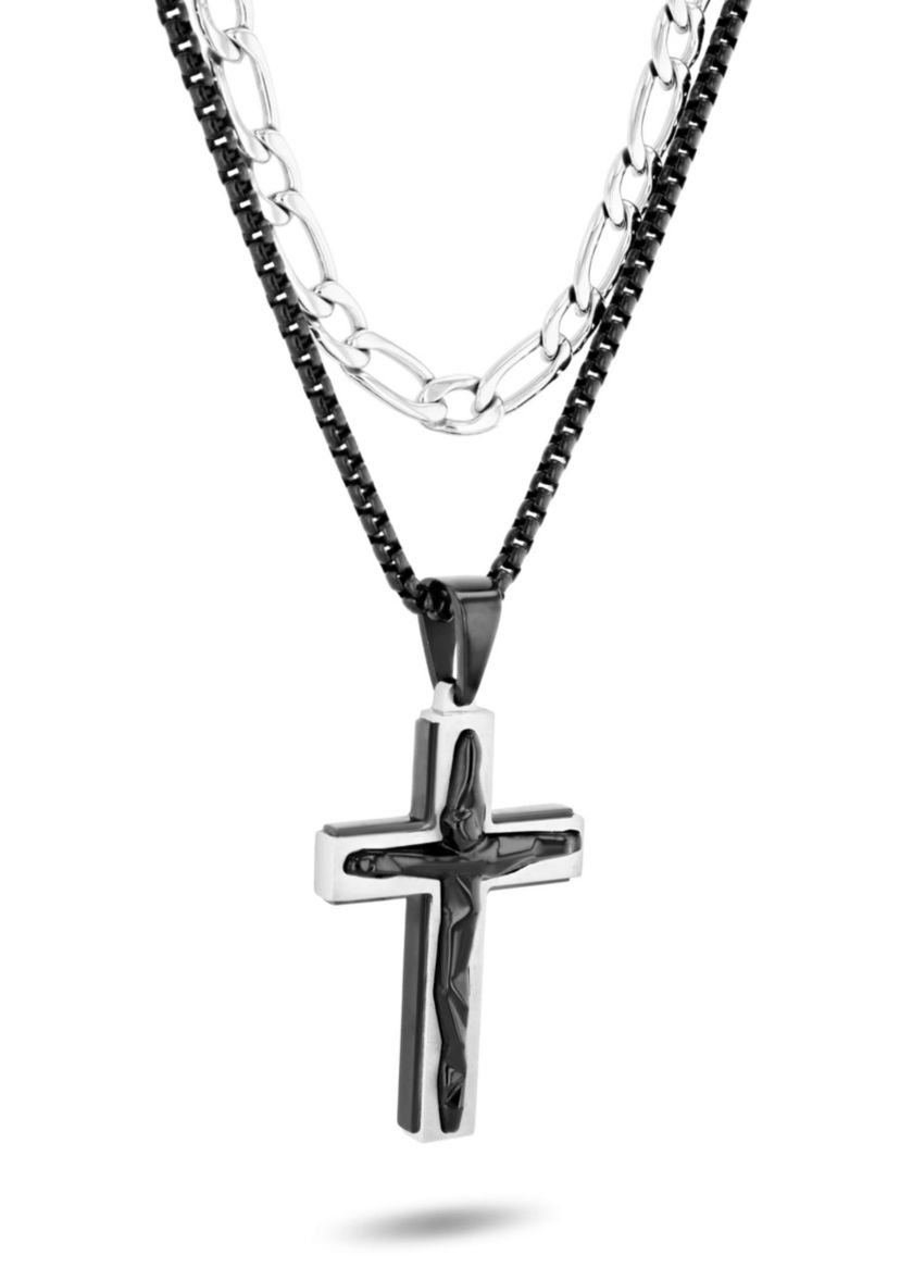 Mens Stainless Steel With Black IP Double Chain Cross Necklace
