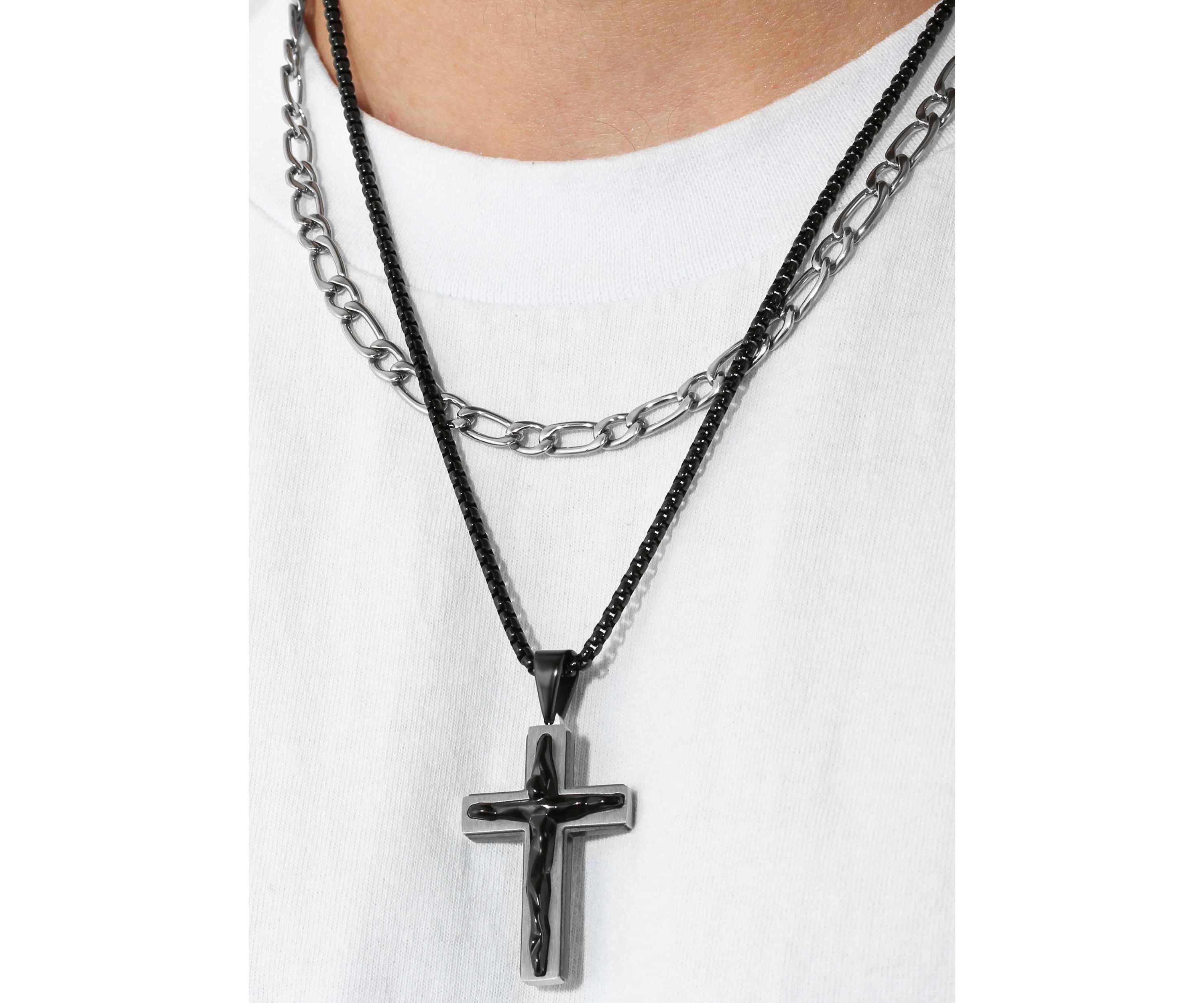 Mens Stainless Steel With Black IP Double Chain Cross Necklace