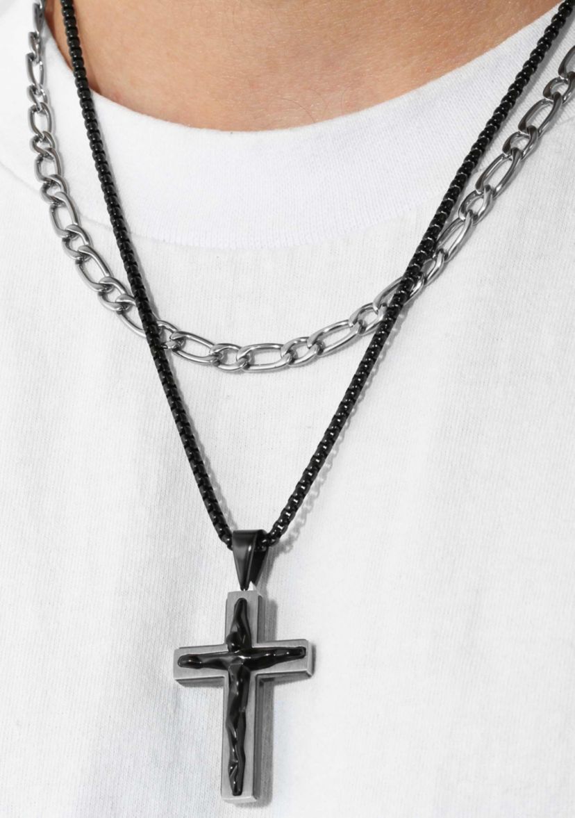 Mens Stainless Steel With Black IP Double Chain Cross Necklace