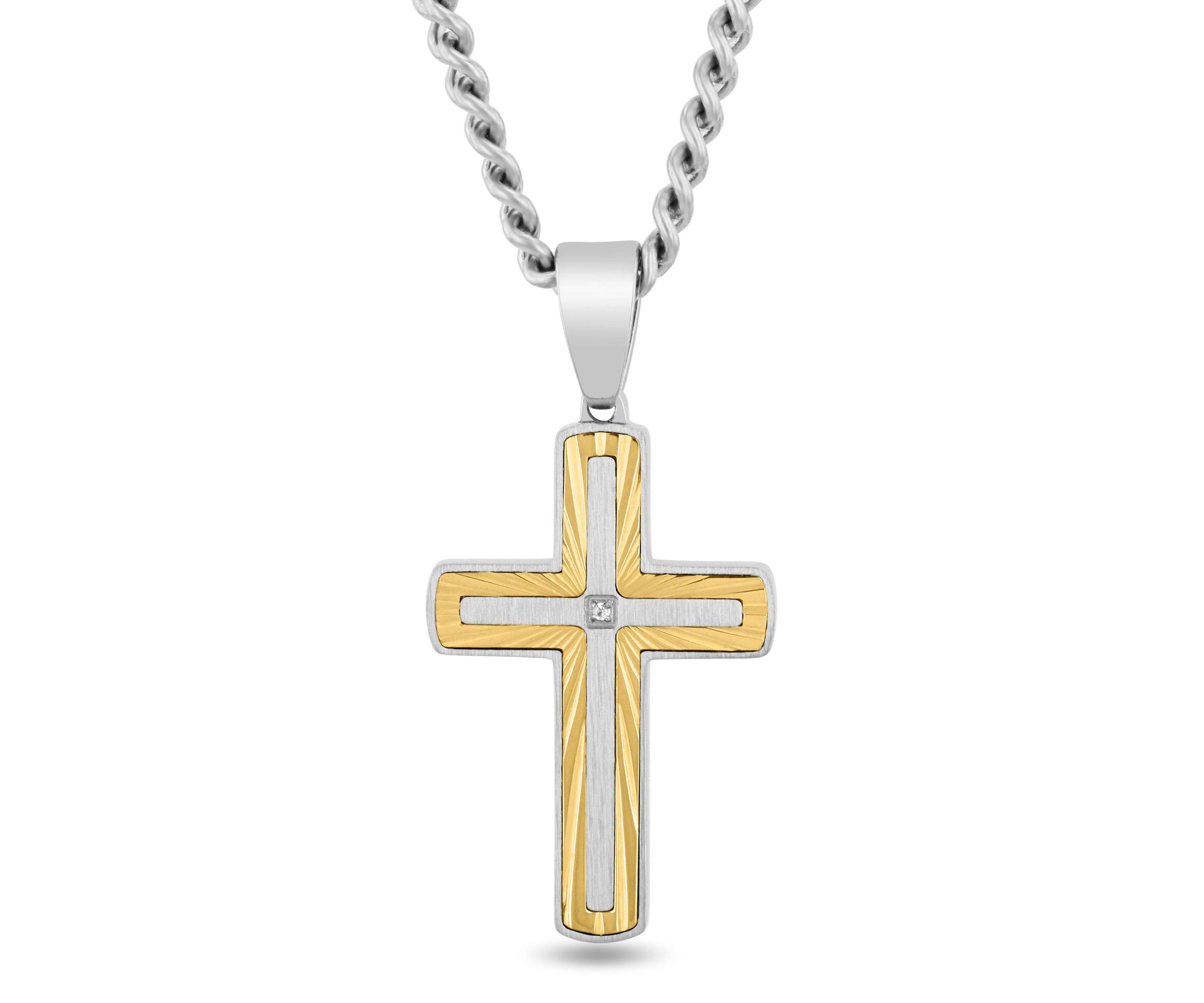 .01CT Diamond Accent Mens Stainless Steel Two-tone Yellow Finish Cross Pendant