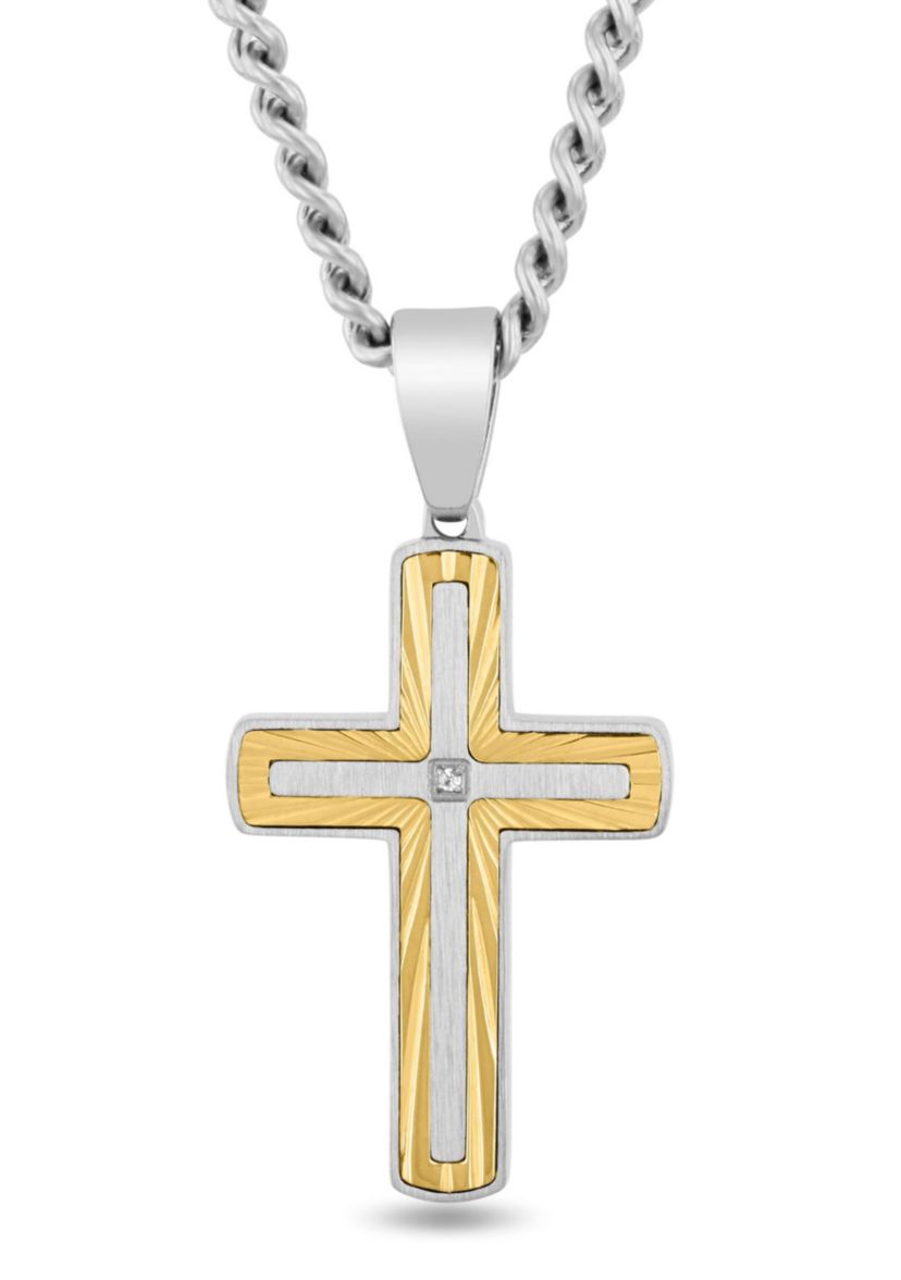 .01CT Diamond Accent Mens Stainless Steel Two-tone Yellow Finish Cross Pendant