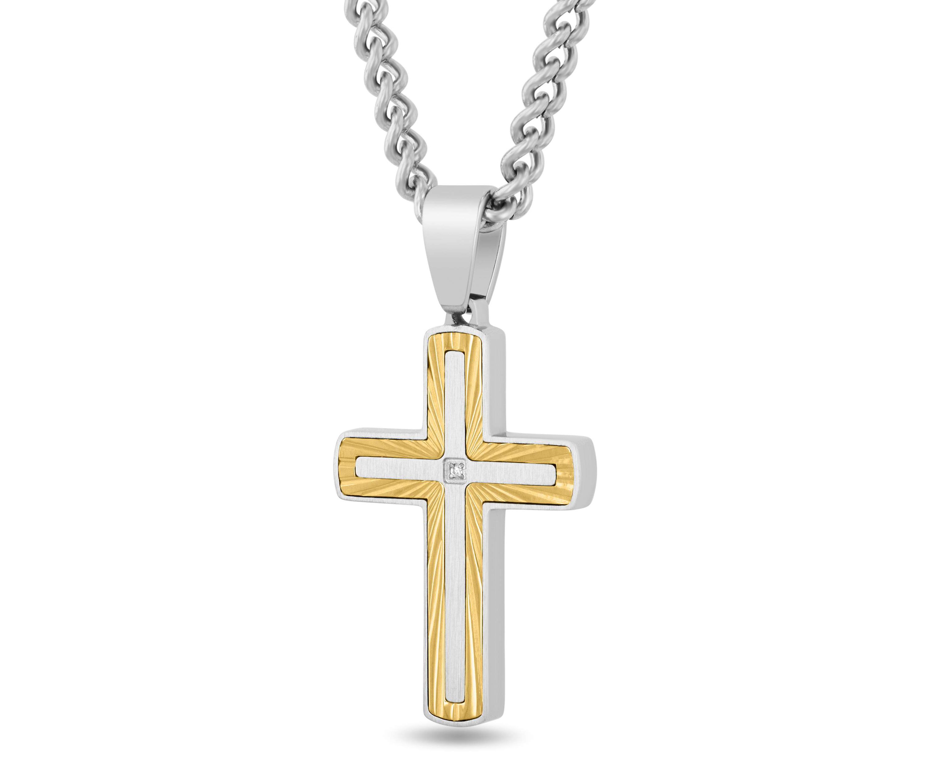 .01CT Diamond Accent Mens Stainless Steel Two-tone Yellow Finish Cross Pendant