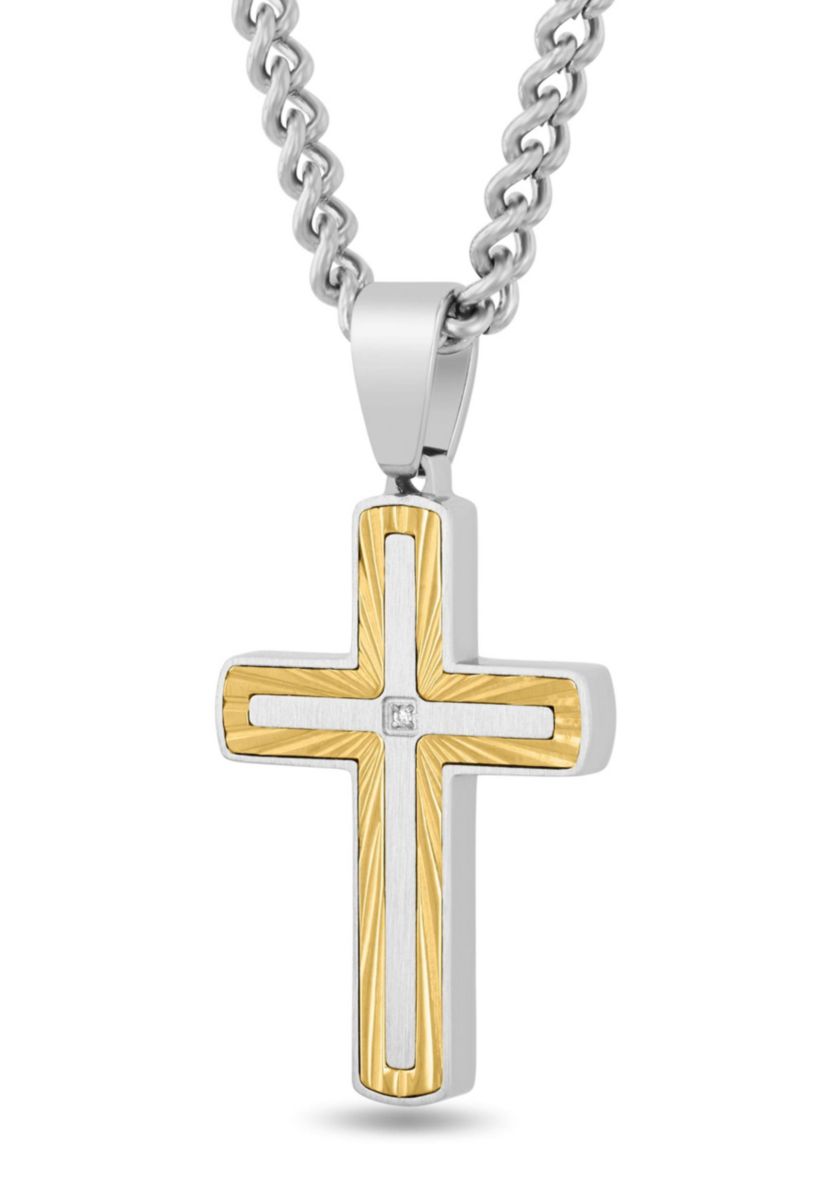 .01CT Diamond Accent Mens Stainless Steel Two-tone Yellow Finish Cross Pendant