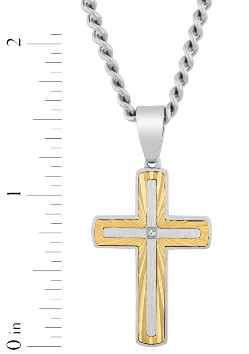 .01CT Diamond Accent Mens Stainless Steel Two-tone Yellow Finish Cross Pendant