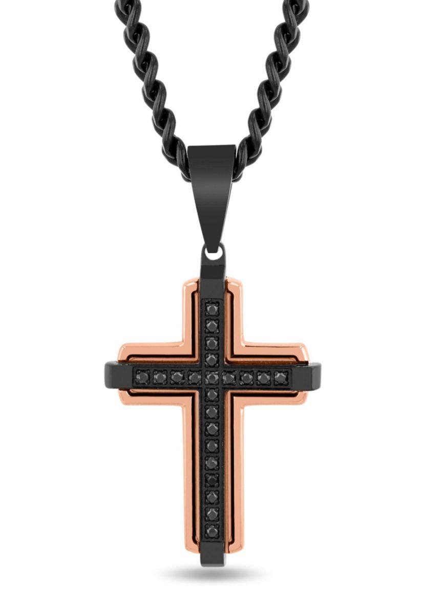 1/5CTW Black Diamond Mens Stainless Steel Two-tone Black and Rose Finish Cross Pendant