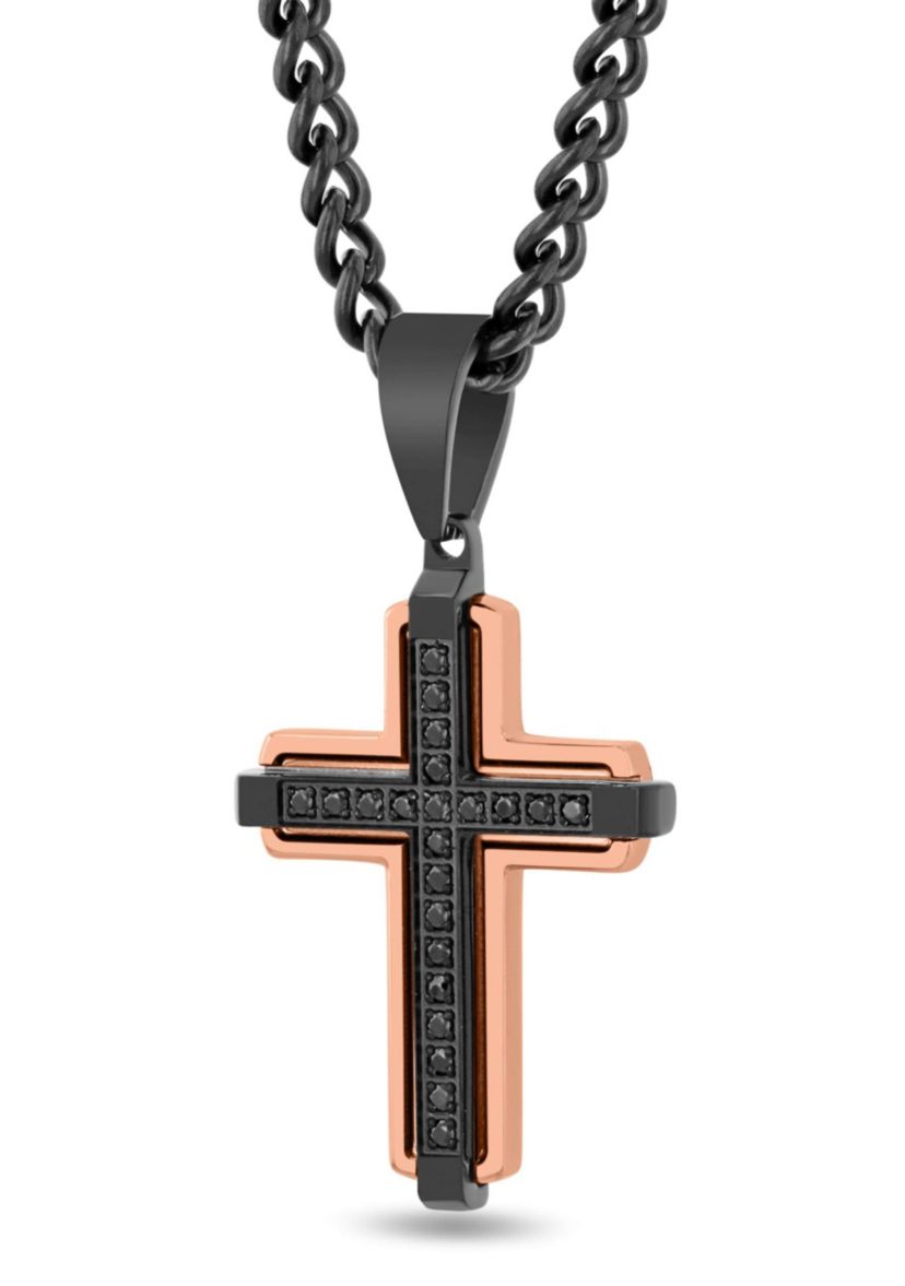 1/5CTW Black Diamond Mens Stainless Steel Two-tone Black and Rose Finish Cross Pendant