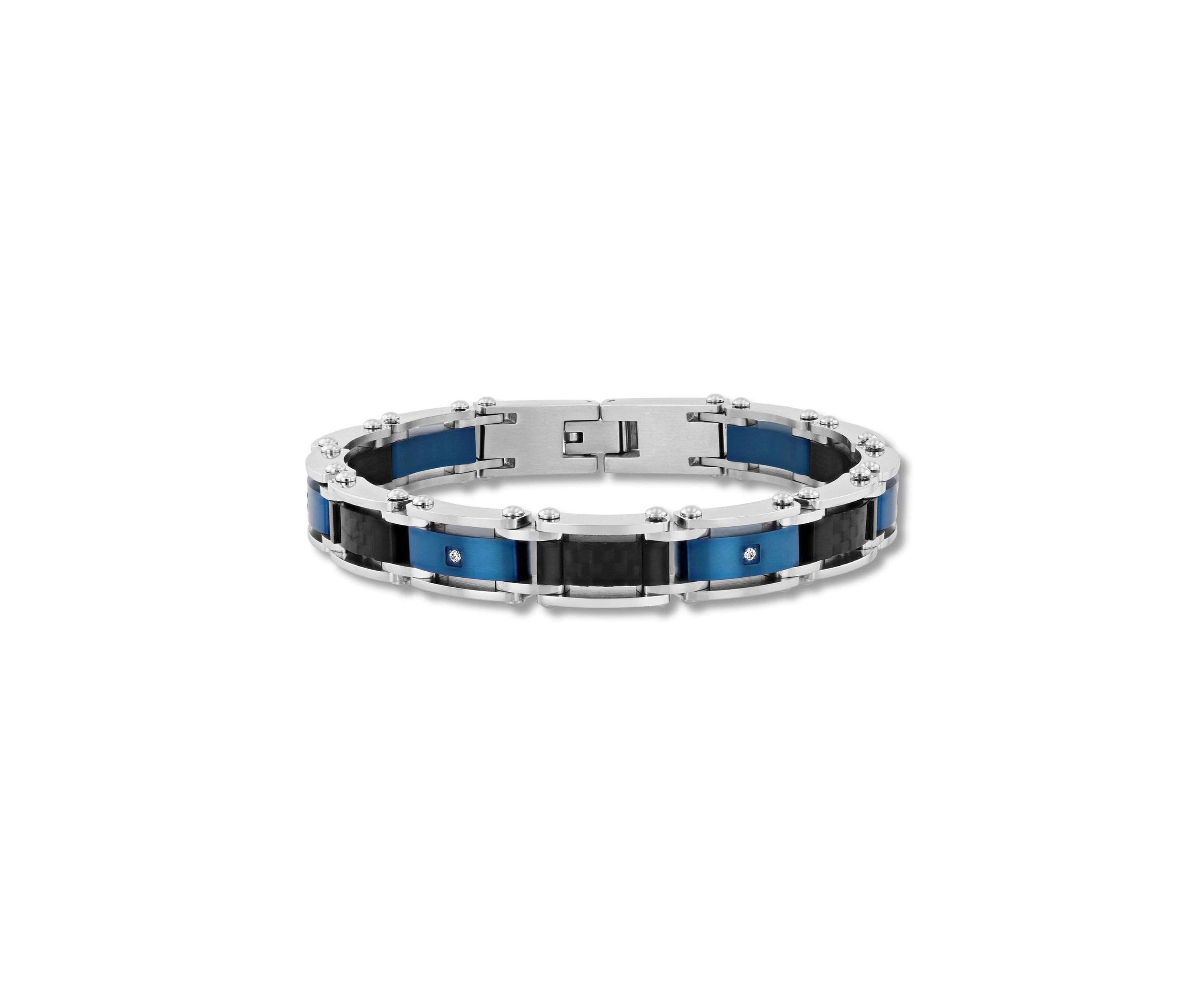 Mens Stainless Steel .07CTW Diamond Black And Blue IP Carbon Fiber Bracelet