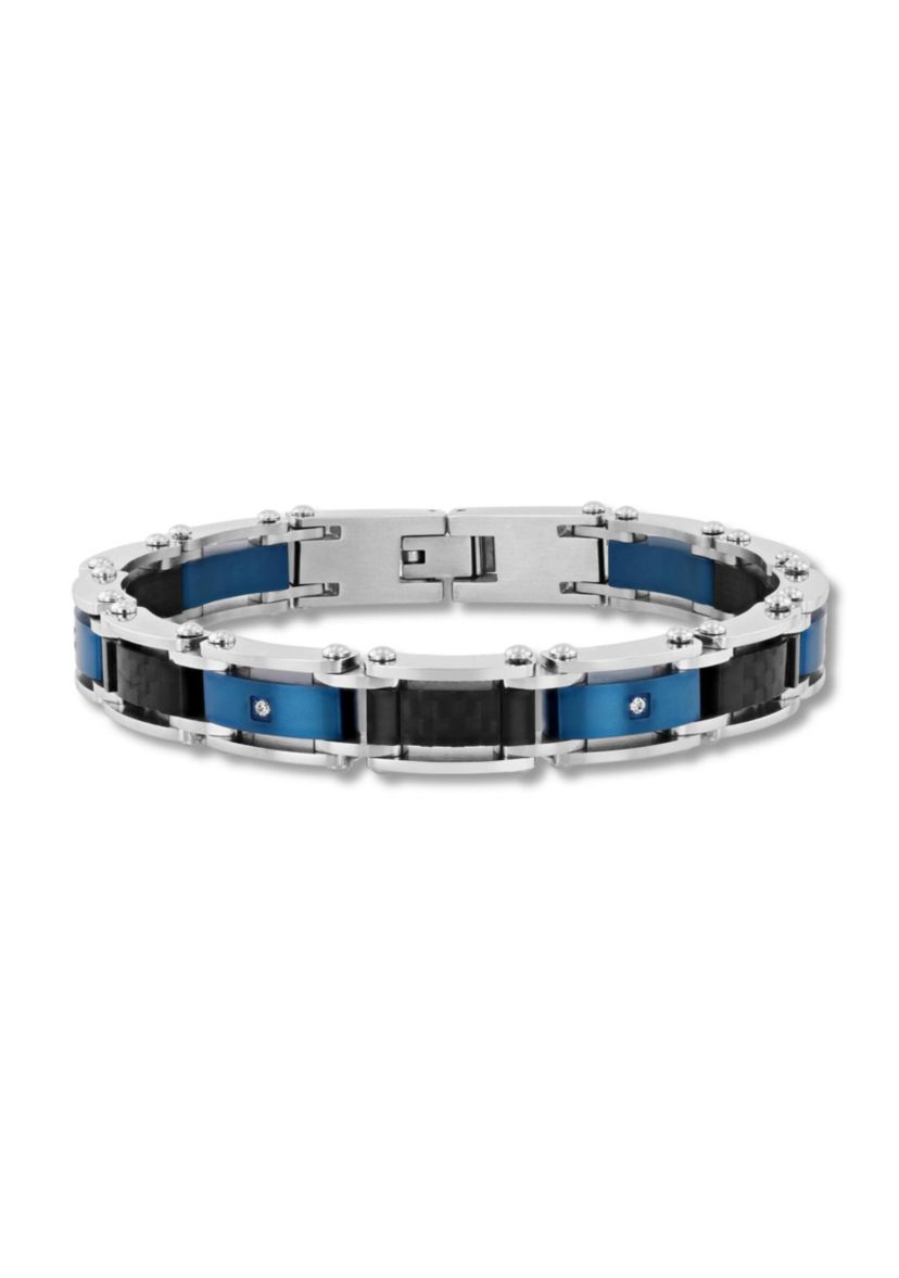 Mens Stainless Steel .07CTW Diamond Black And Blue IP Carbon Fiber Bracelet