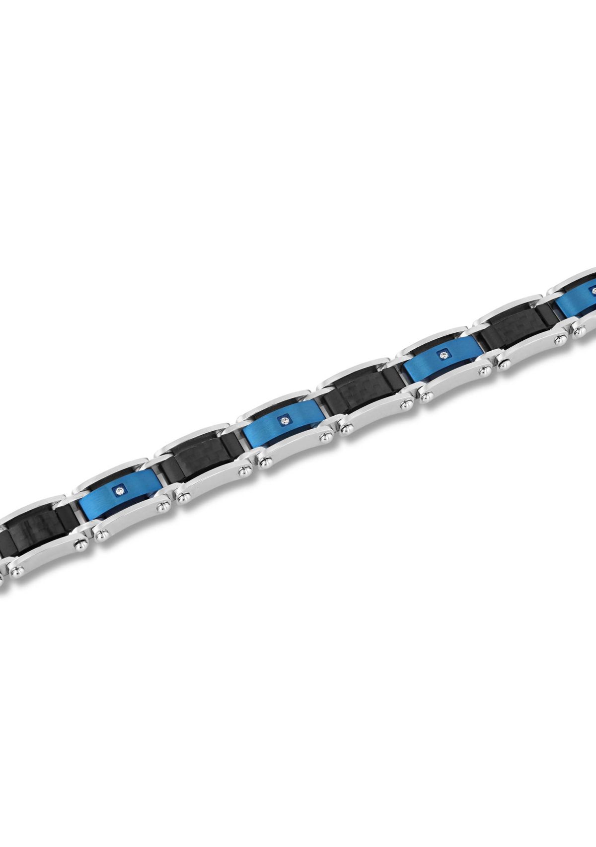 Mens Stainless Steel .07CTW Diamond Black And Blue IP Carbon Fiber Bracelet