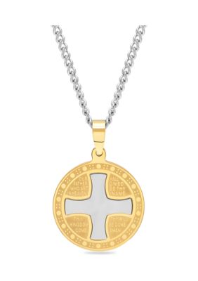 Religious Cross and Medallion Pendant Necklace in Gold-Tone Stainless Steel