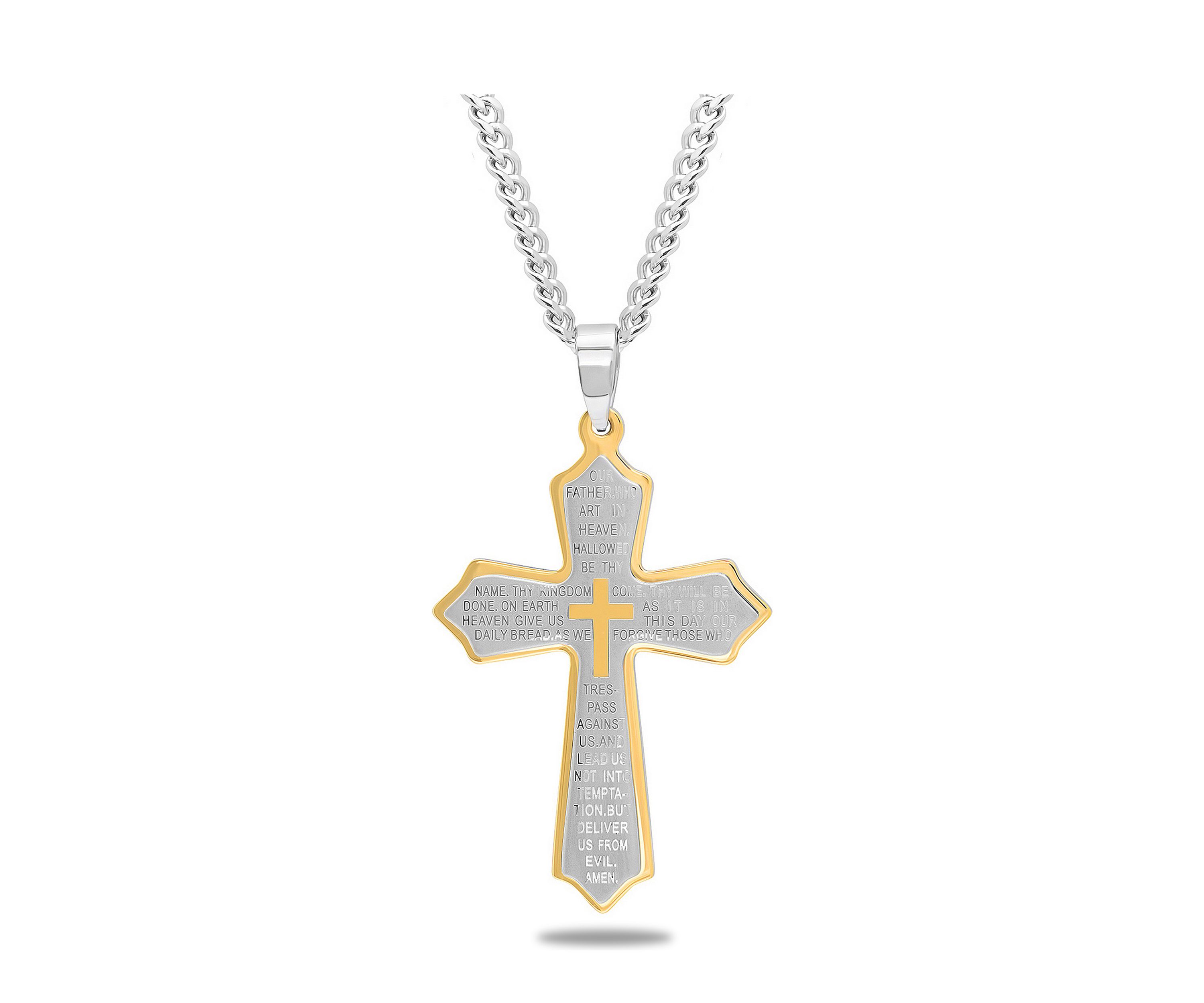 The Lords Prayer Cross Pendant Necklace in Two-Tone Stainless Steel