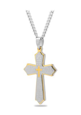 The Lord's Prayer Cross Pendant Necklace in Two-Tone Stainless Steel