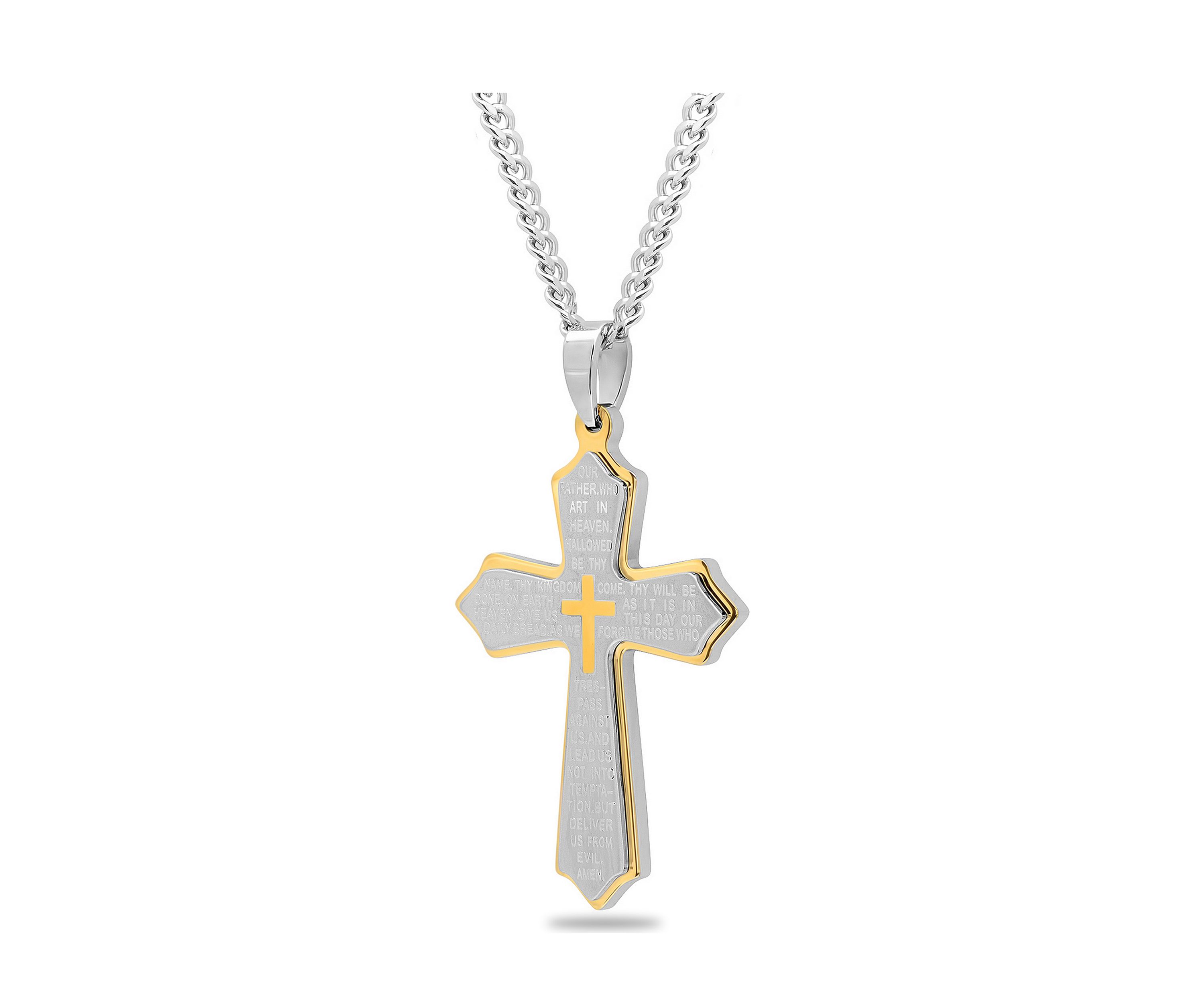 The Lords Prayer Cross Pendant Necklace in Two-Tone Stainless Steel