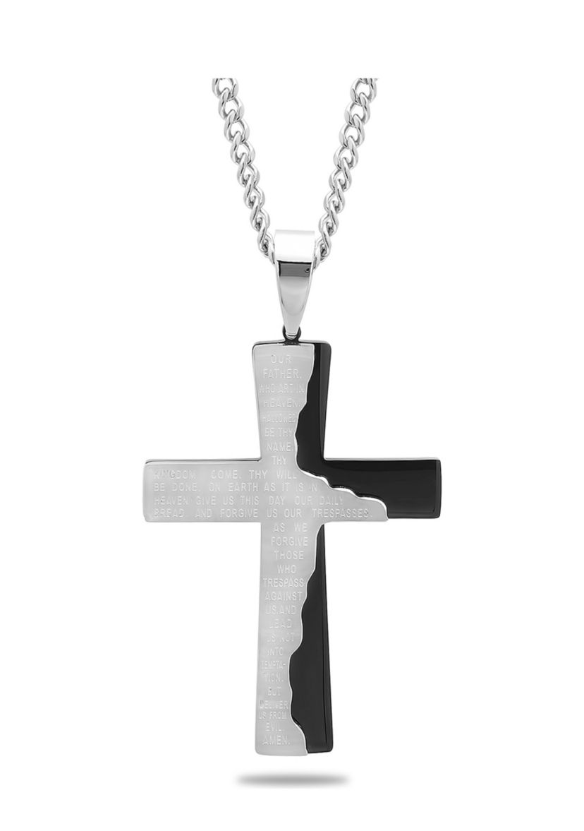 The Lords Prayer Tablet Cross Pendant Necklace in Two-Tone Stainless Steel
