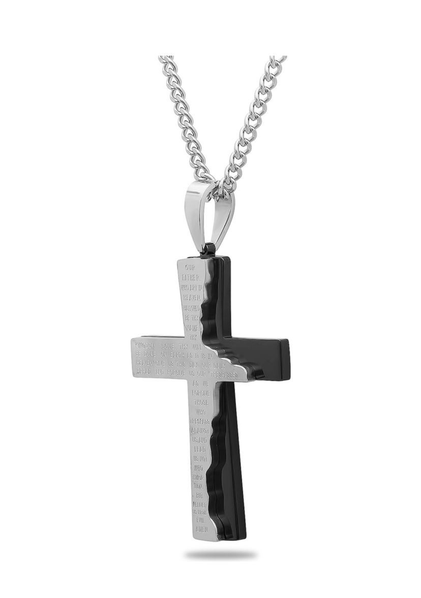 The Lords Prayer Tablet Cross Pendant Necklace in Two-Tone Stainless Steel