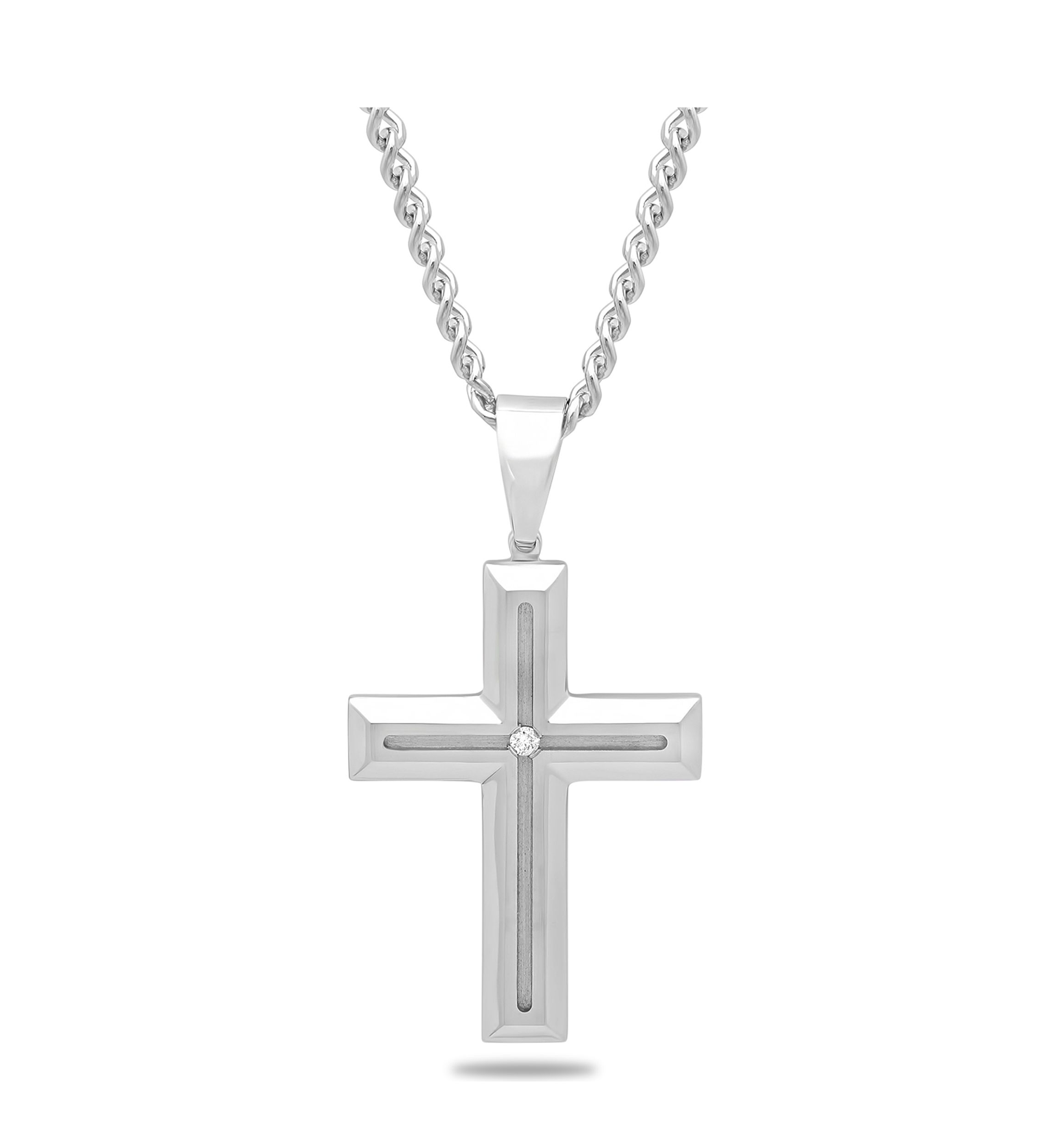  Diamond Accent Beveled Cross Pendant Necklace in Stainless Steel