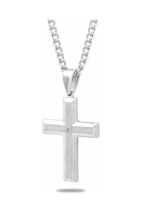  Diamond Accent Beveled Cross Pendant Necklace in Stainless Steel