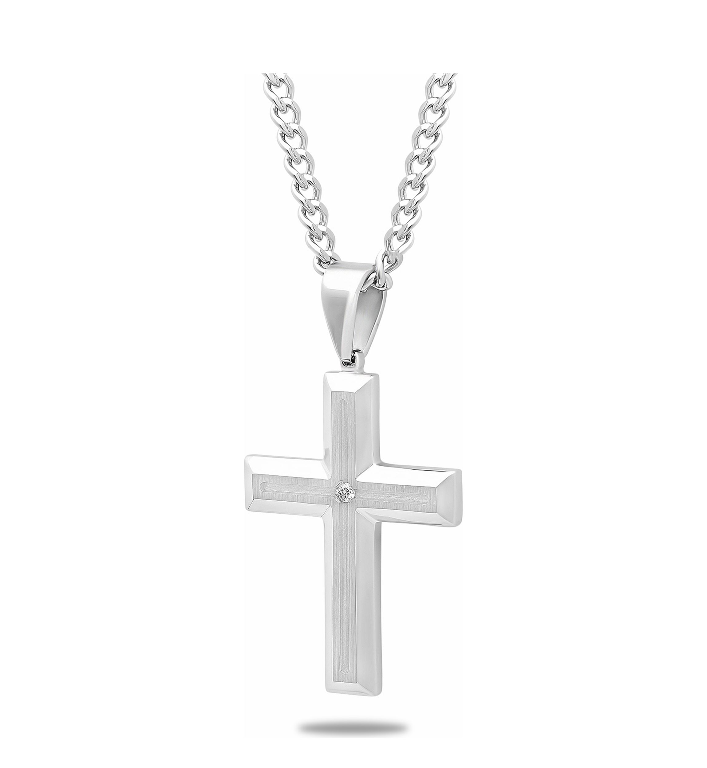  Diamond Accent Beveled Cross Pendant Necklace in Stainless Steel
