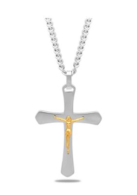 Tapered Crucifix Pendant Necklace in Two-Tone Stainless Steel