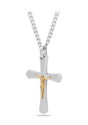 Tapered Crucifix Pendant Necklace in Two-Tone Stainless Steel