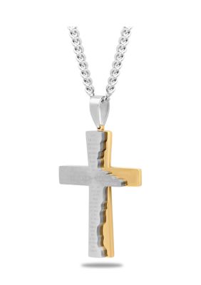 The Lord's Prayer Tablet Cross Pendant Necklace in Two-Tone Stainless Steel