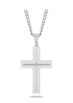 Diamond Accent Flat Cross Pendant Necklace in Stainless Steel
