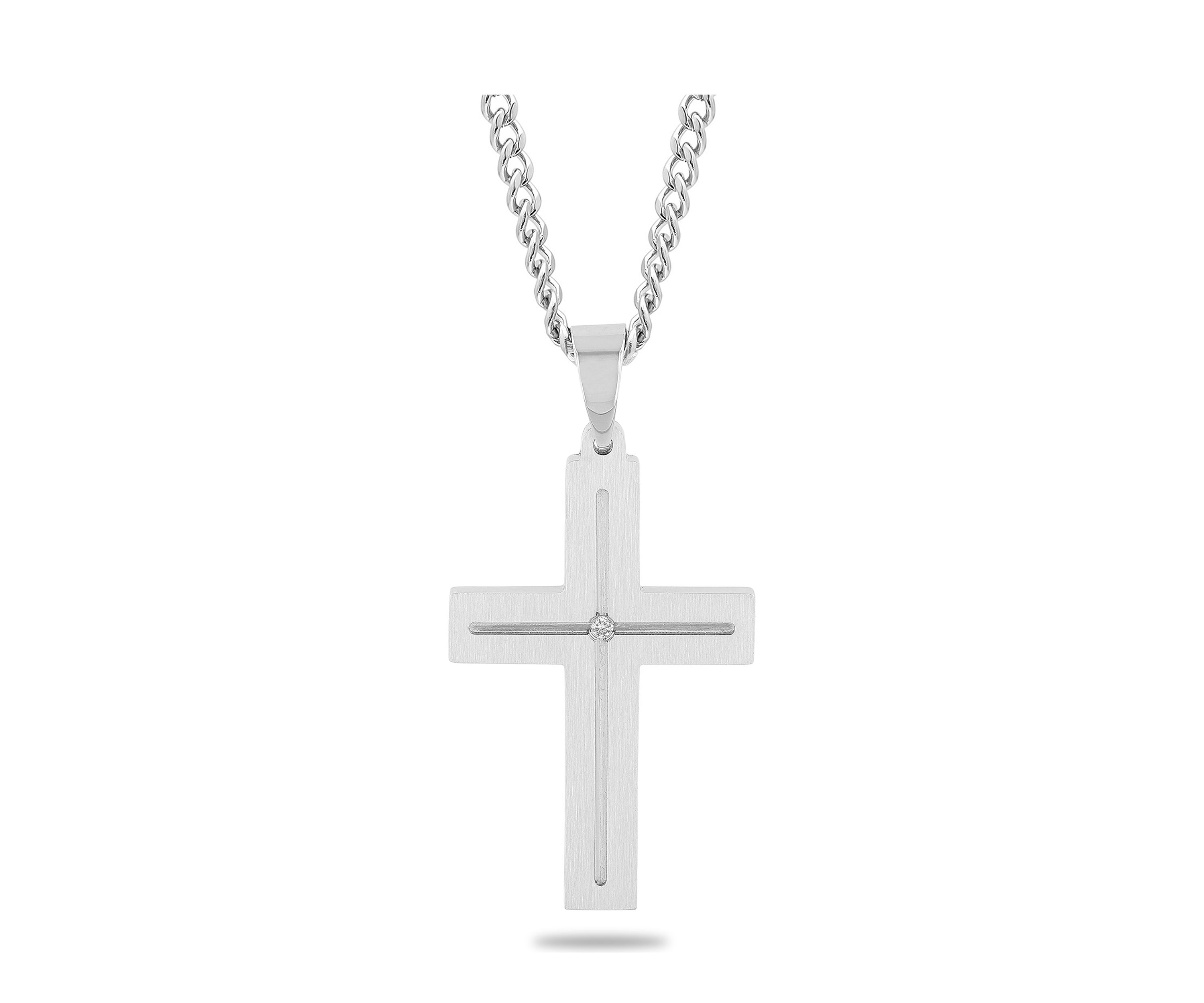 Diamond Accent Flat Cross Pendant Necklace in Stainless Steel