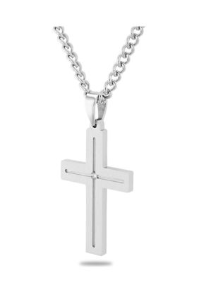 Diamond Accent Flat Cross Pendant Necklace in Stainless Steel