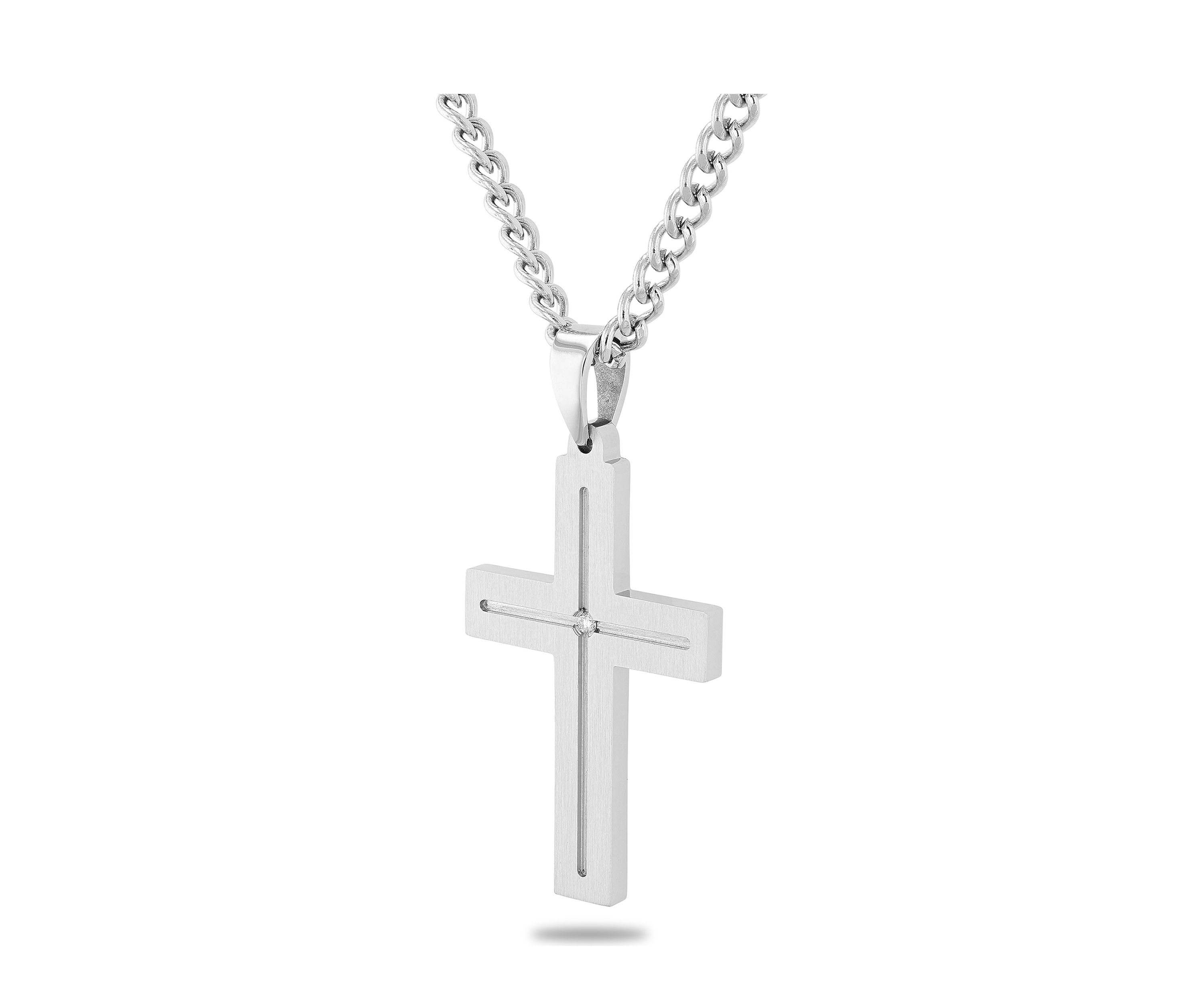 Diamond Accent Flat Cross Pendant Necklace in Stainless Steel