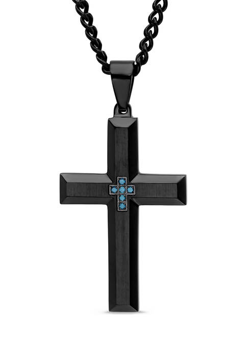 1/10 ct. t.w. Blue Diamond Cross Pendant in Black Stainless Steel