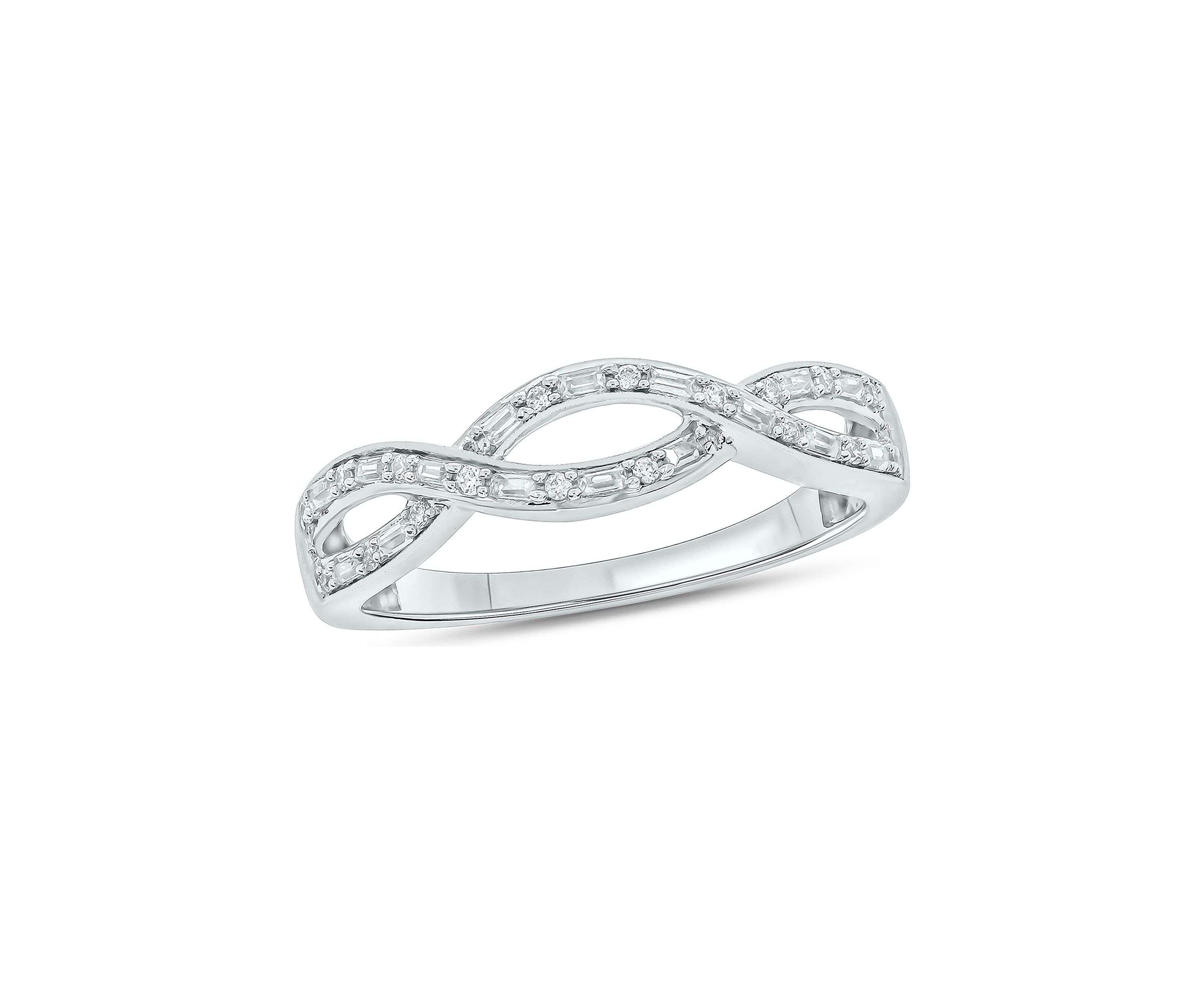 1/6 ct. t.w. Baguette Round White Diamond Criss Cross Anniversary Band in 14K White Gold 