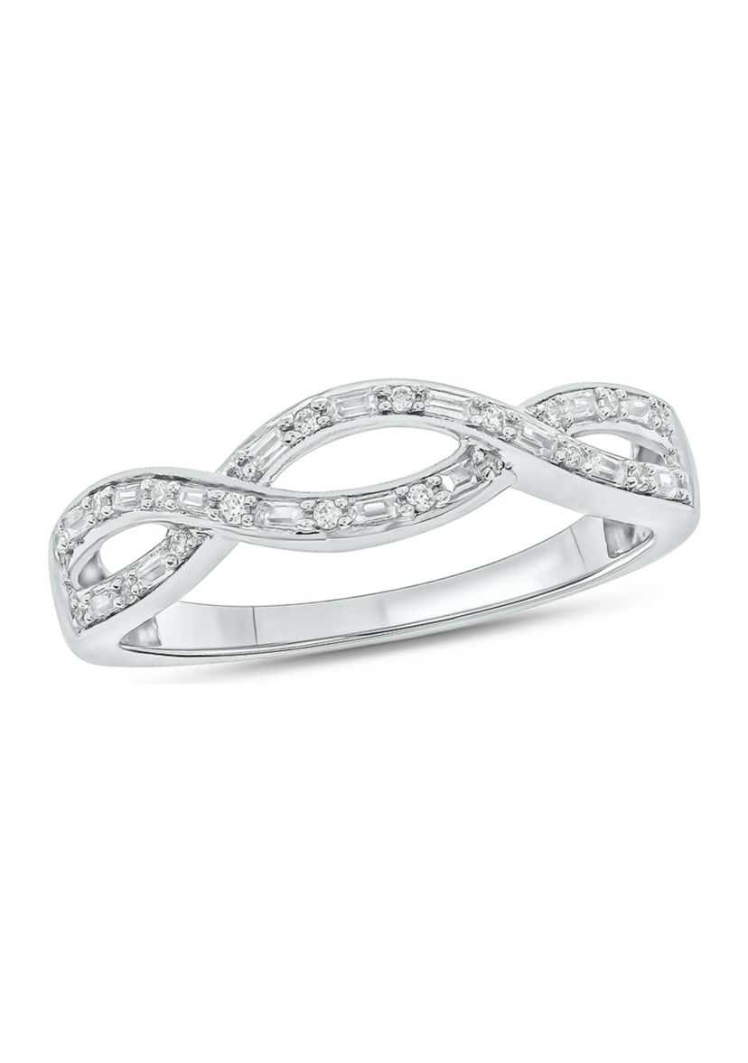 1/6 ct. t.w. Baguette Round White Diamond Criss Cross Anniversary Band in 14K White Gold 