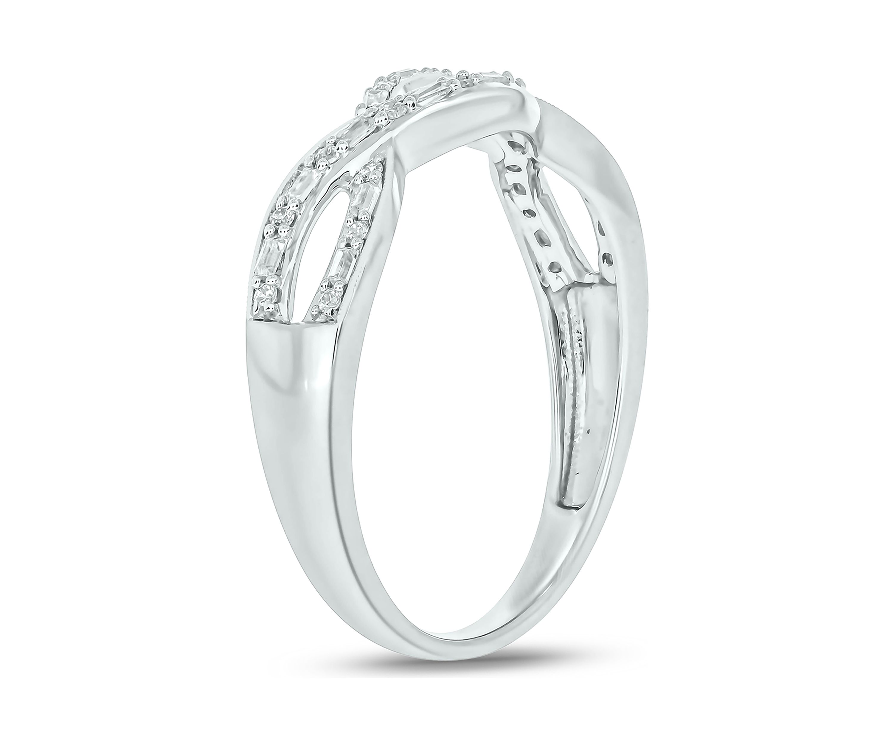 1/6 ct. t.w. Baguette Round White Diamond Criss Cross Anniversary Band in 14K White Gold 