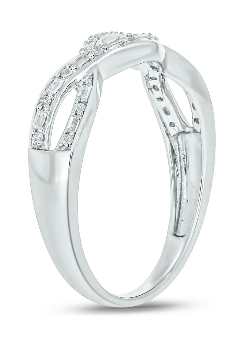 1/6 ct. t.w. Baguette Round White Diamond Criss Cross Anniversary Band in 14K White Gold 