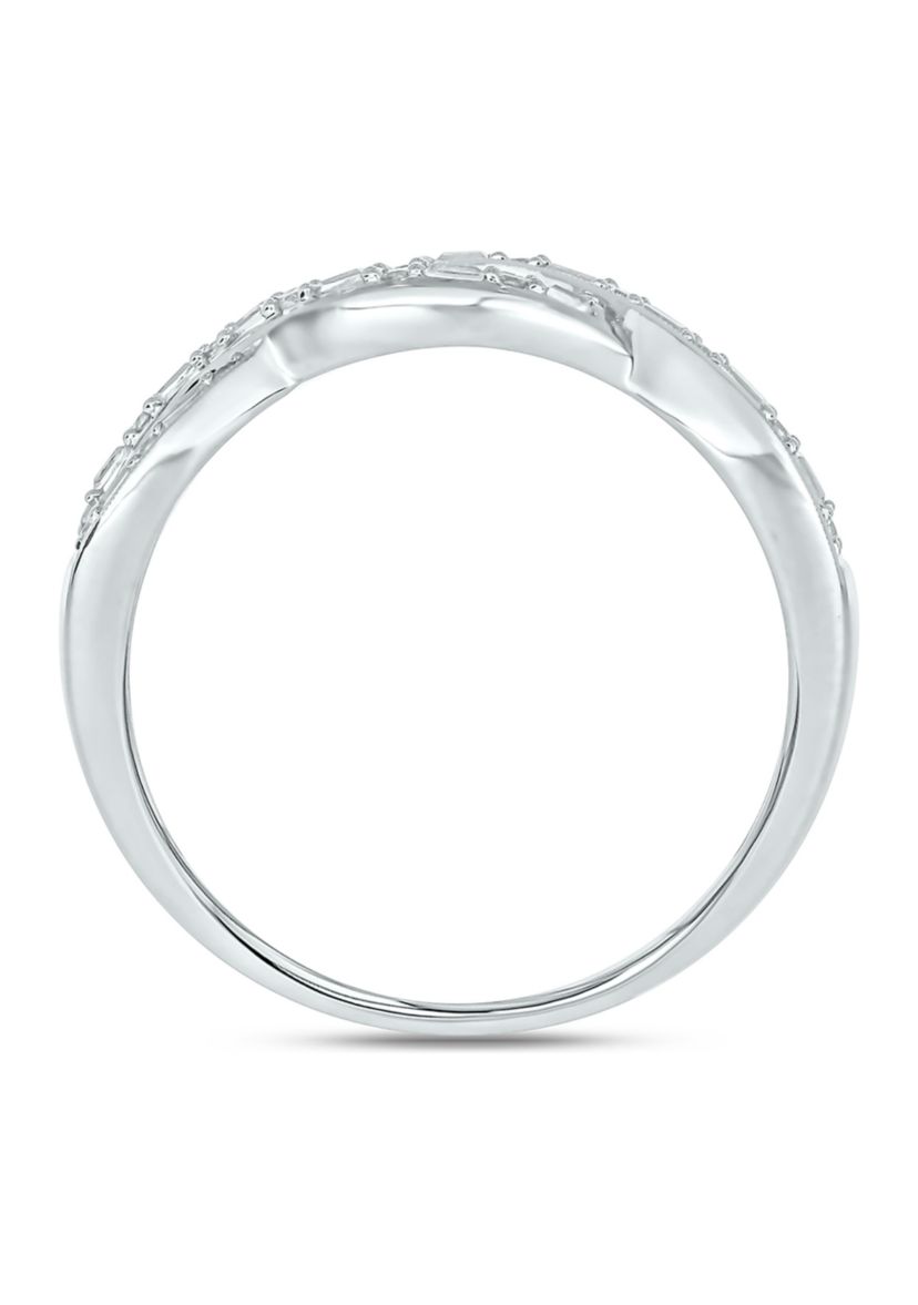 1/6 ct. t.w. Baguette Round White Diamond Criss Cross Anniversary Band in 14K White Gold 