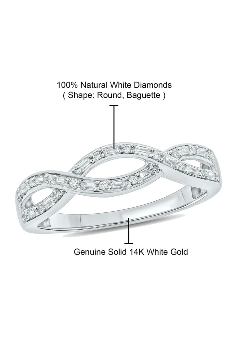 1/6 ct. t.w. Baguette Round White Diamond Criss Cross Anniversary Band in 14K White Gold 