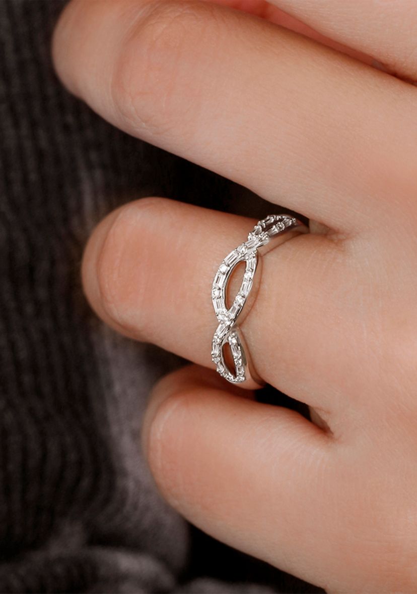 1/6 ct. t.w. Baguette Round White Diamond Criss Cross Anniversary Band in 14K White Gold 