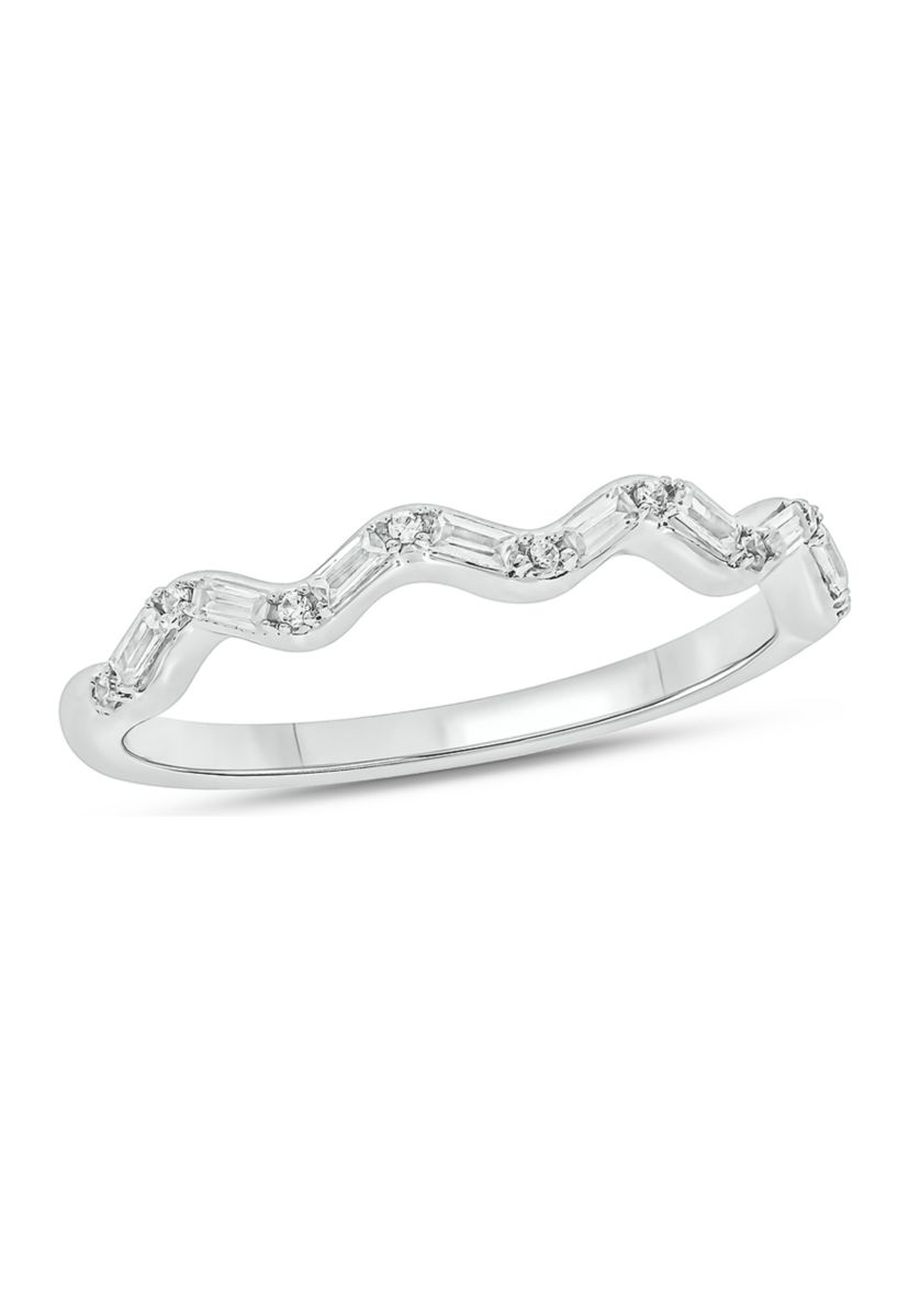 1/10 ct. t.w. Baguette Round White Diamond Wave Anniversary Band in 14K White Gold 