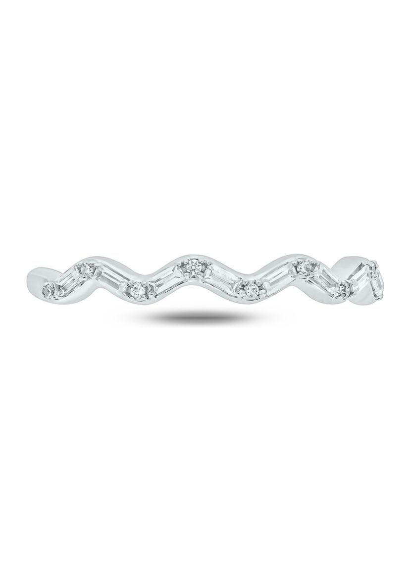 1/10 ct. t.w. Baguette Round White Diamond Wave Anniversary Band in 14K White Gold 