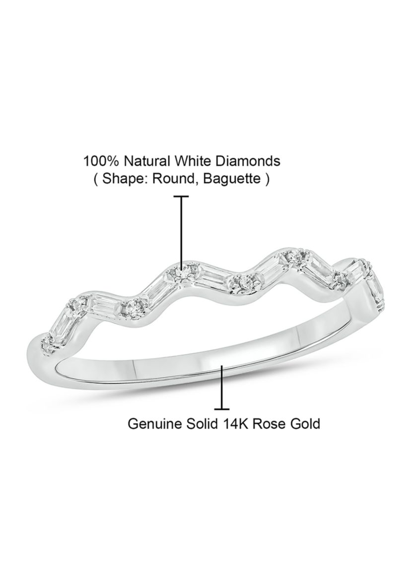1/10 ct. t.w. Baguette Round White Diamond Wave Anniversary Band in 14K White Gold 
