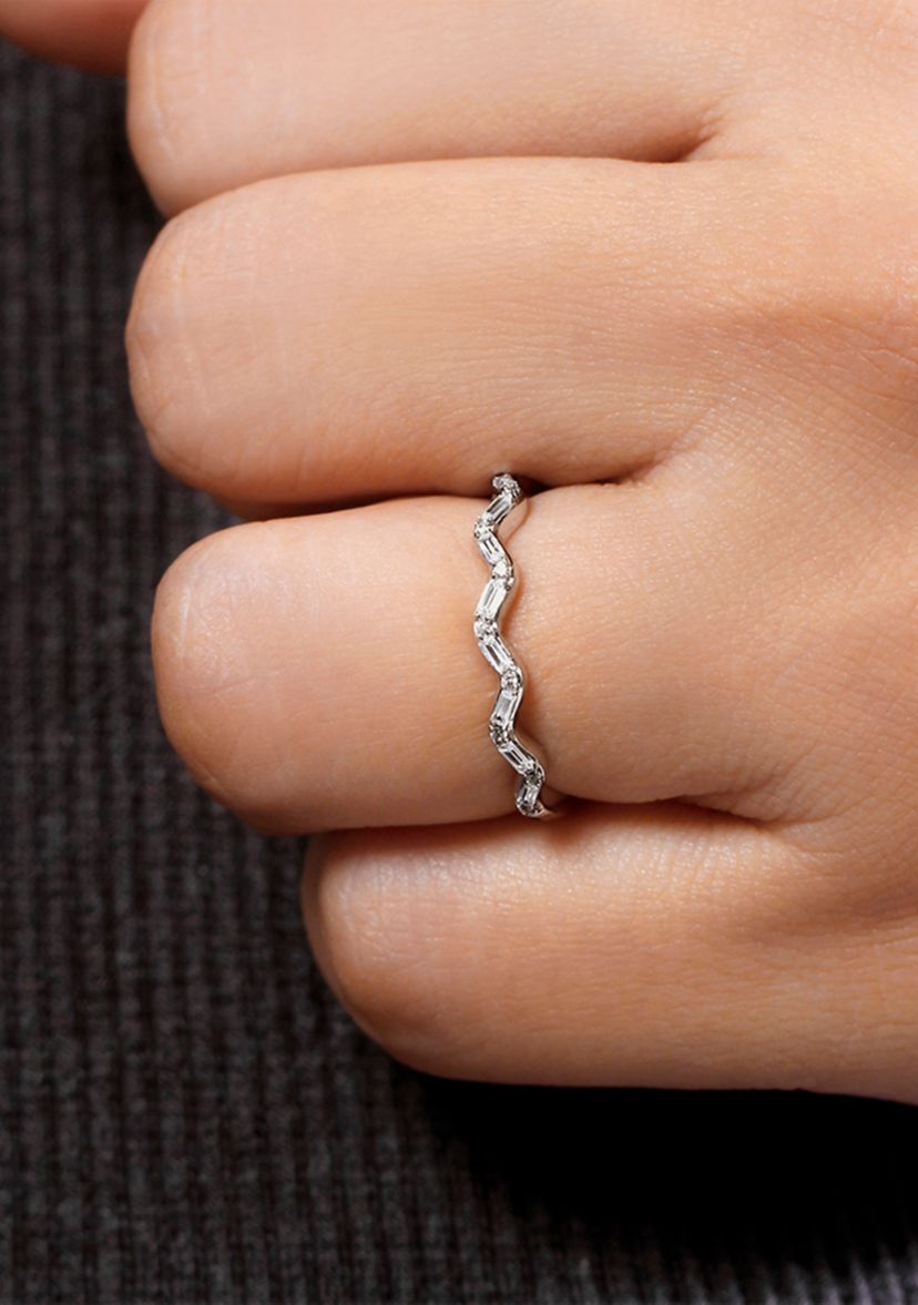 1/10 ct. t.w. Baguette Round White Diamond Wave Anniversary Band in 14K White Gold 